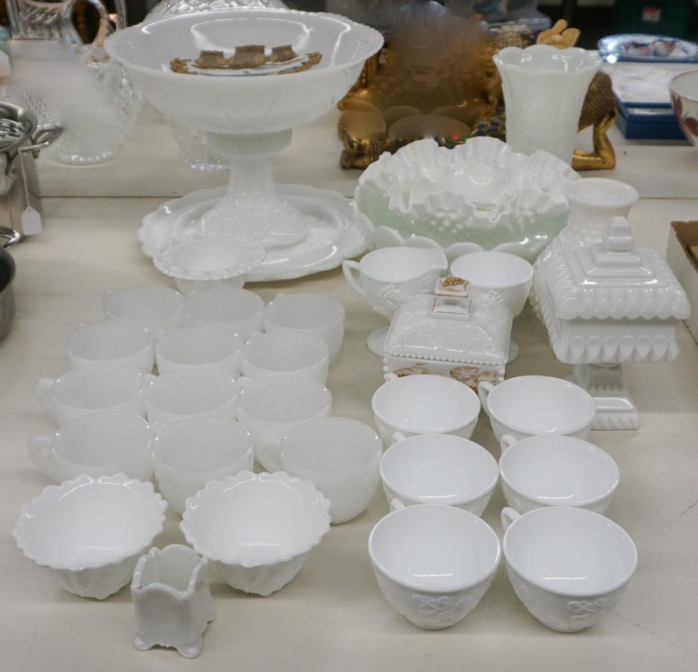 COLLECTION OF MILK GLASS TABLE