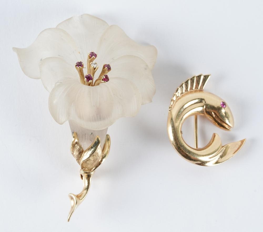 TWO 14 KARAT GOLD PINS (FISH & FLOWER)comprising