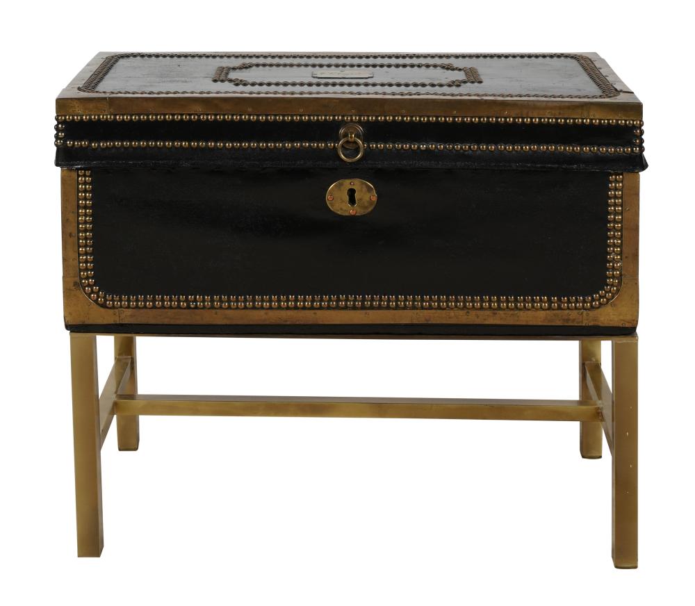 BRASS LEATHER TRUNK ON STAND19th 32fb25