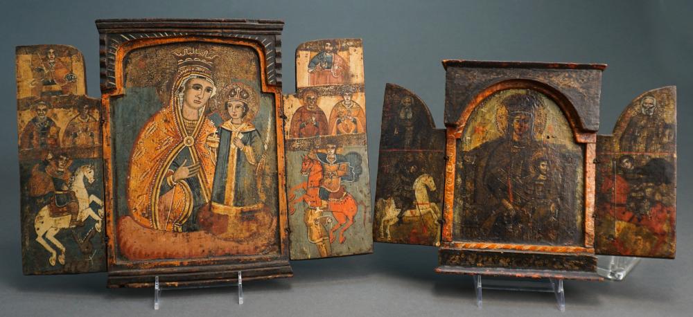 TWO PAINTED WOOD TRIPTYCH ICONS