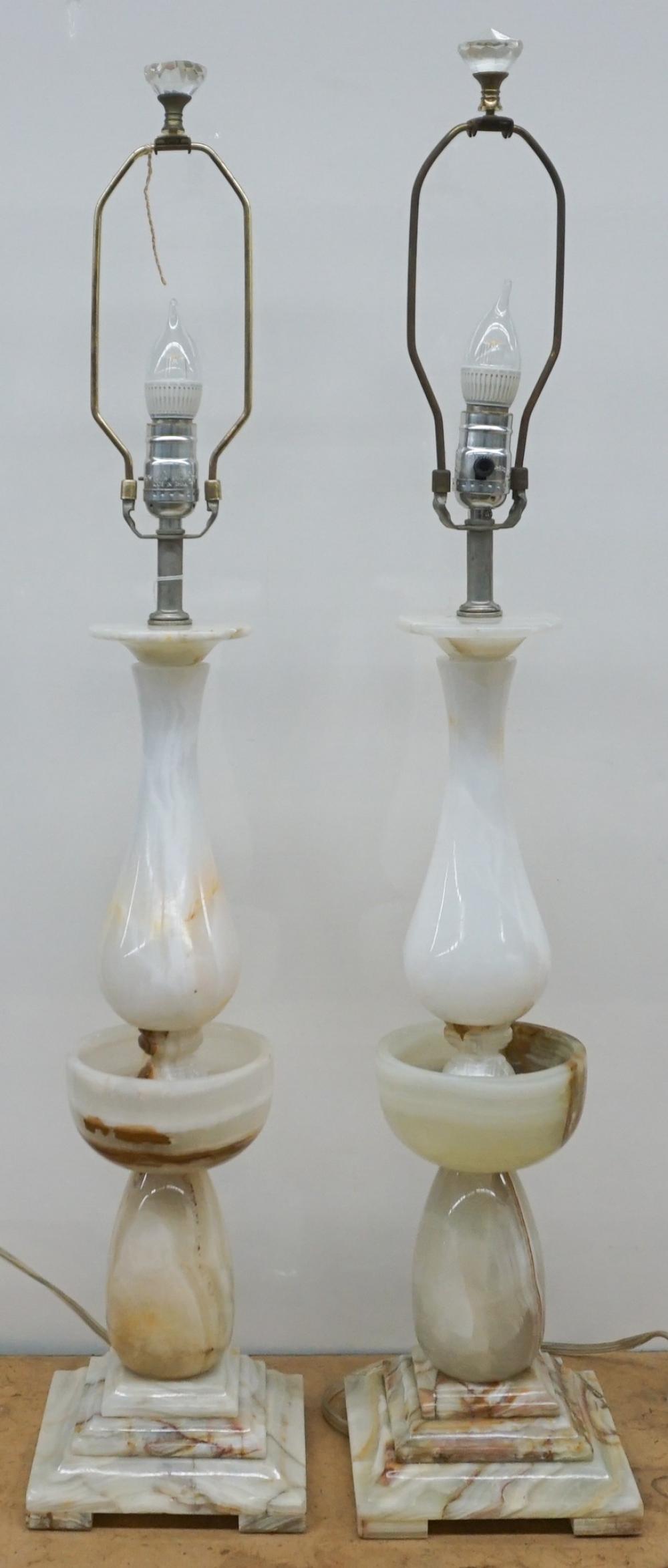 PAIR ONYX TABLE LAMPS, H: 35 IN.