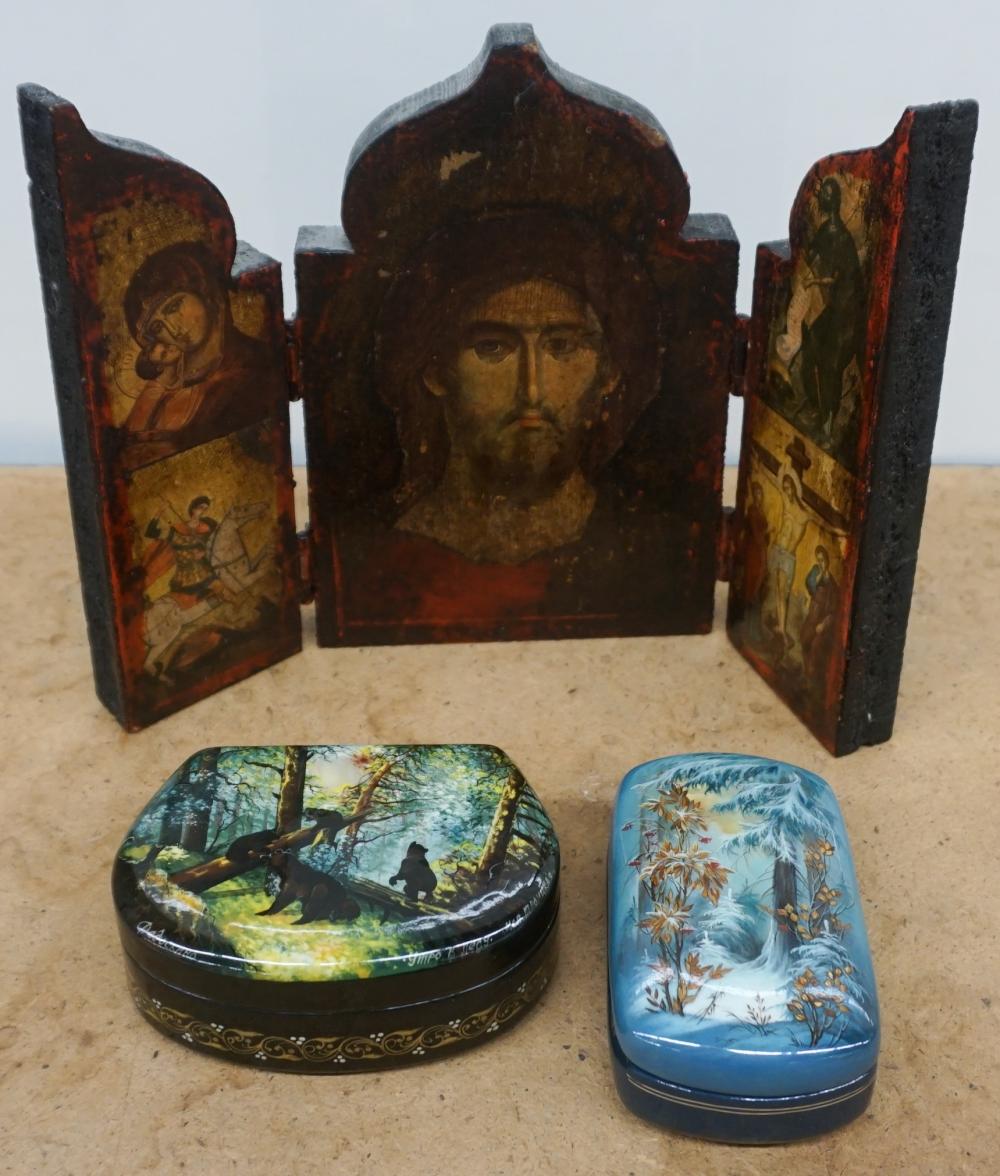 RUSSIAN TRIFOLD WOOD ICON AND TWO