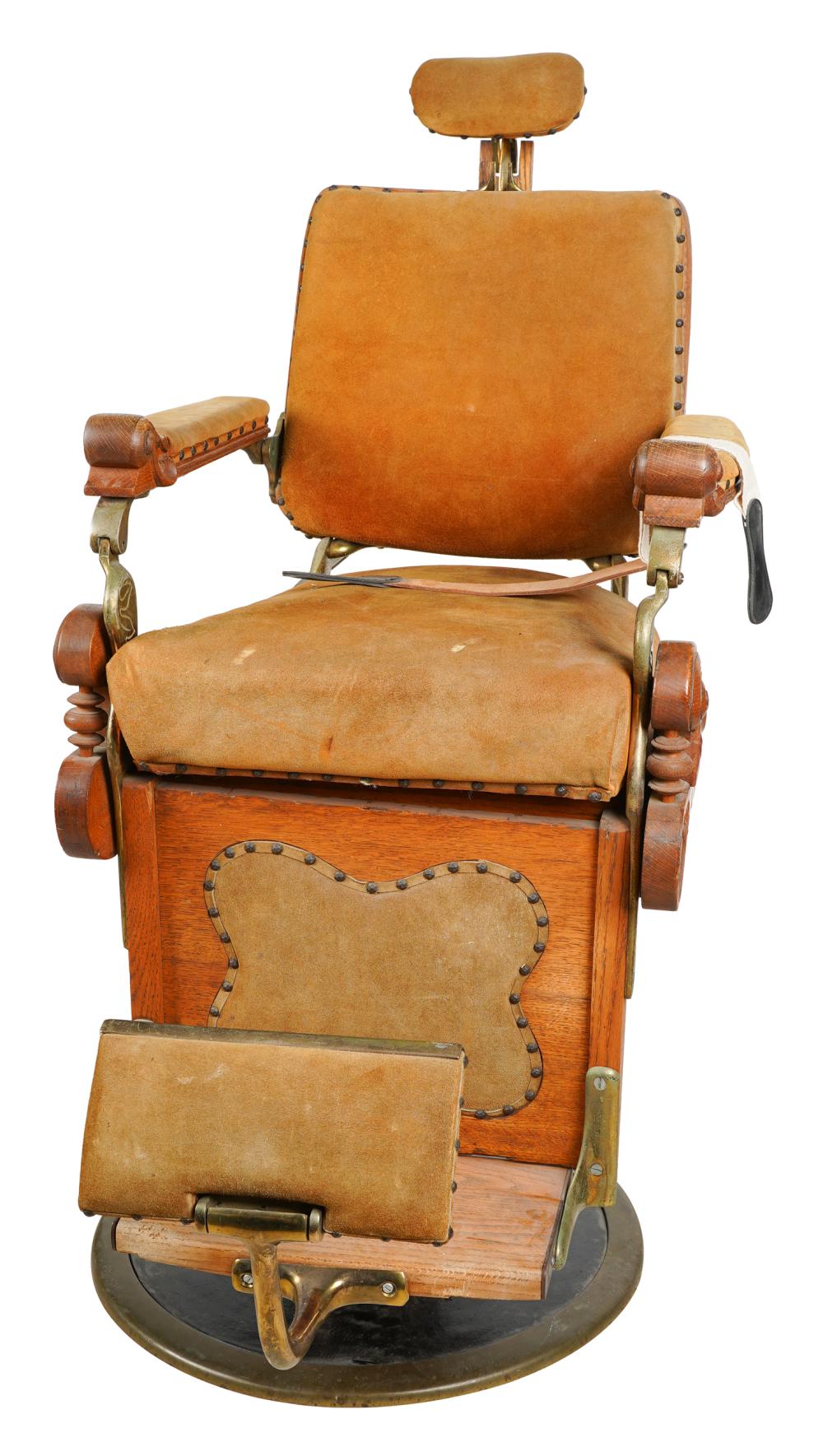 ANTIQUE OAK & SUEDE BARBERS CHAIRwith