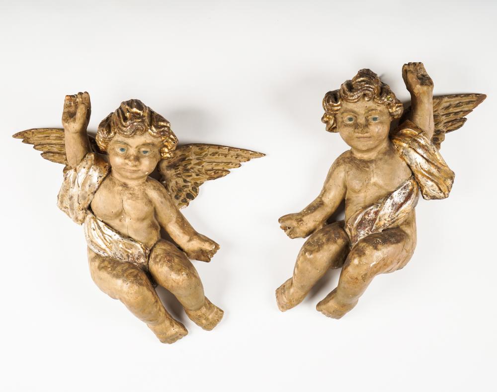 PAIR OF CARVED WOOD CHERUB FIGURESeach