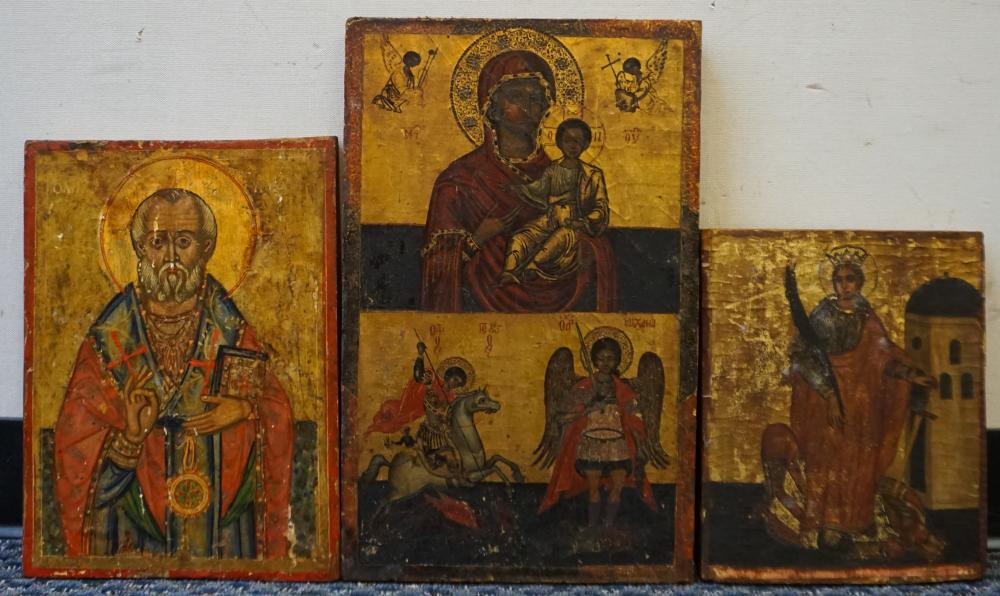 THREE PAINTED WOOD ICONS, INCLUDING