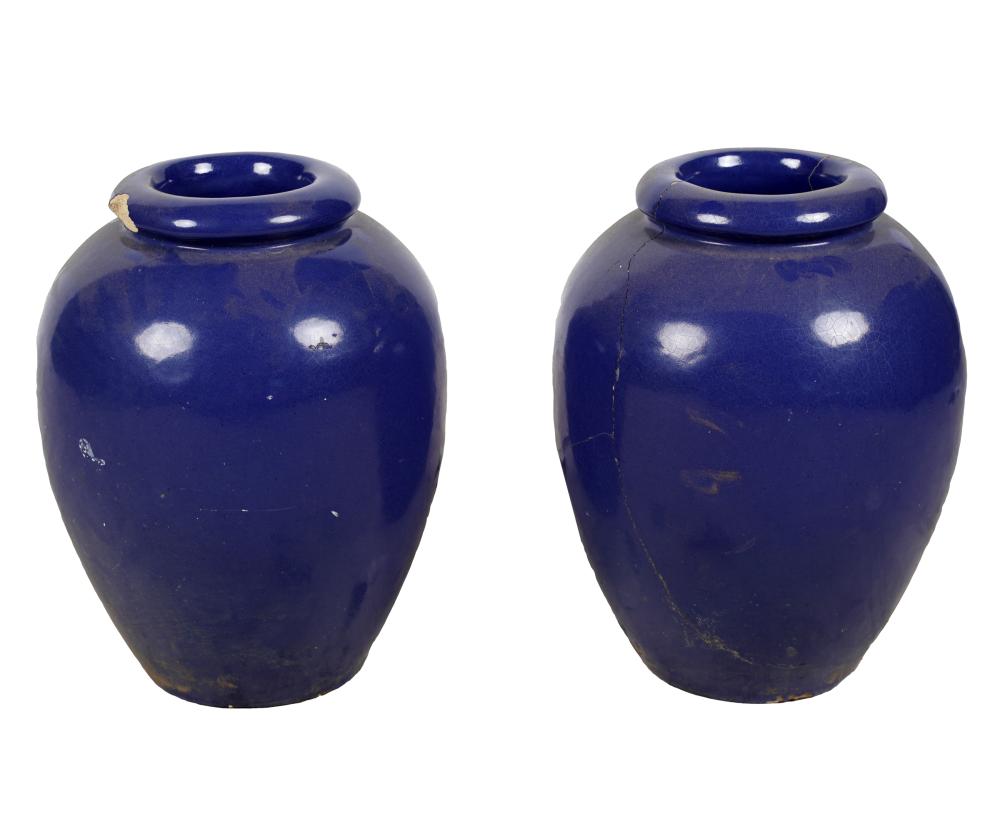 PAIR GLADDING MCBEAN BLUE-GLAZED POTTERY