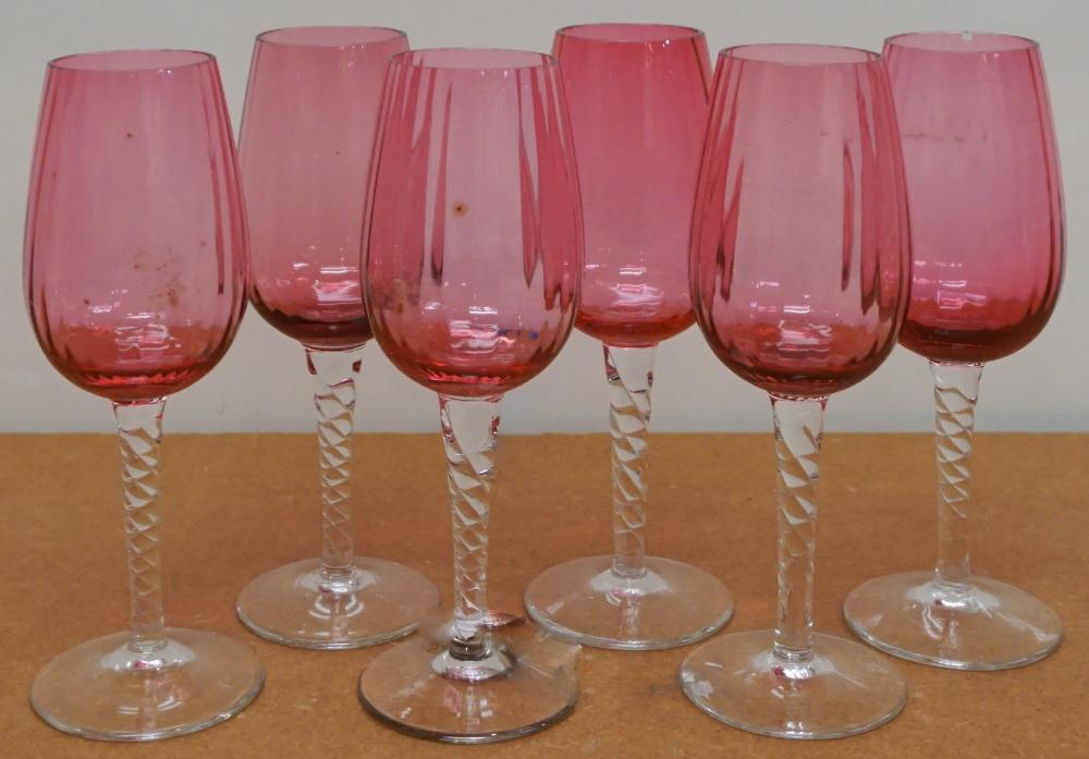 SIX CRANBERRY TO CLEAR STEM GLASS