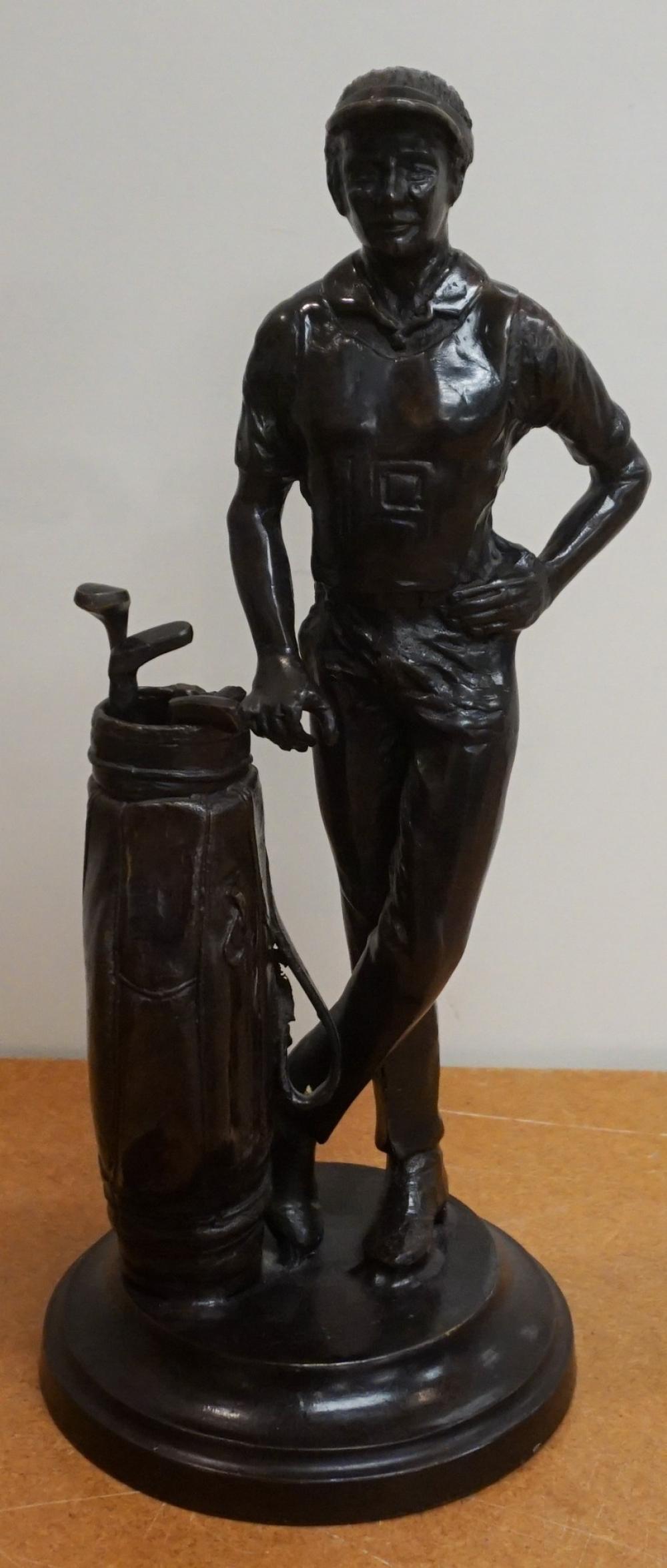 PATINATED BRONZE FIGURE OF GOLFER, H: