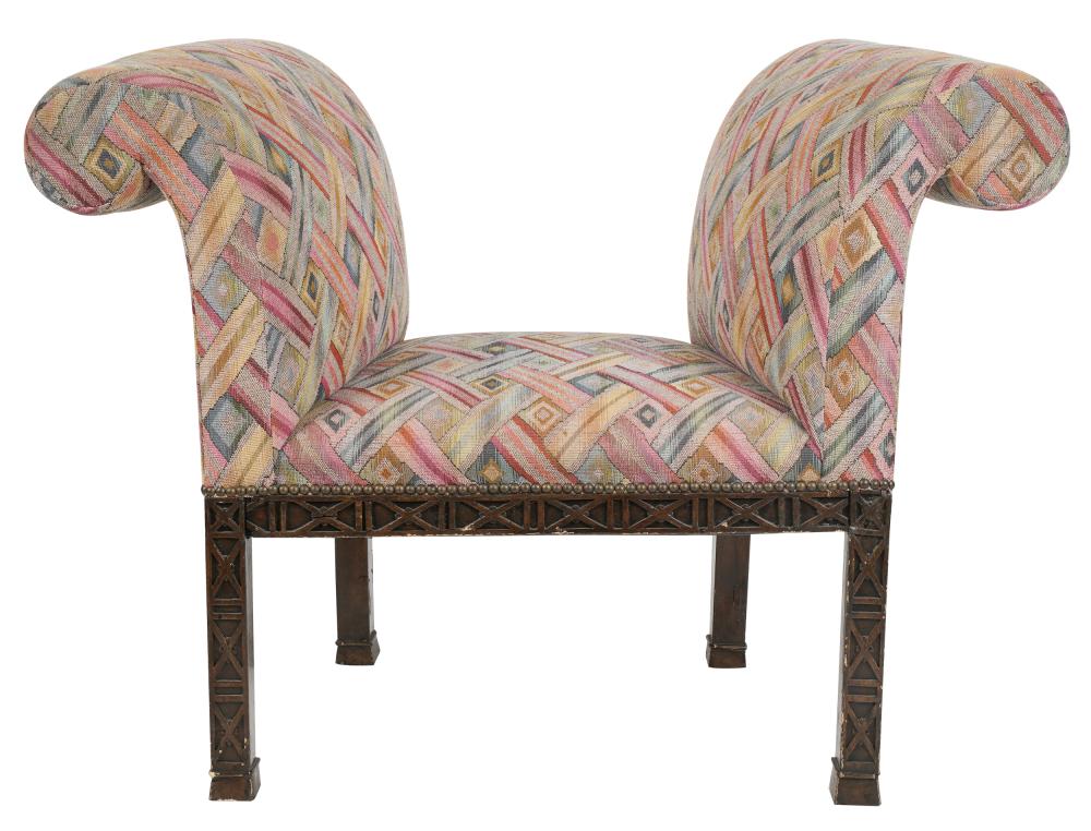 UPHOLSTERED CARVED WOOD BENCHunsigned;