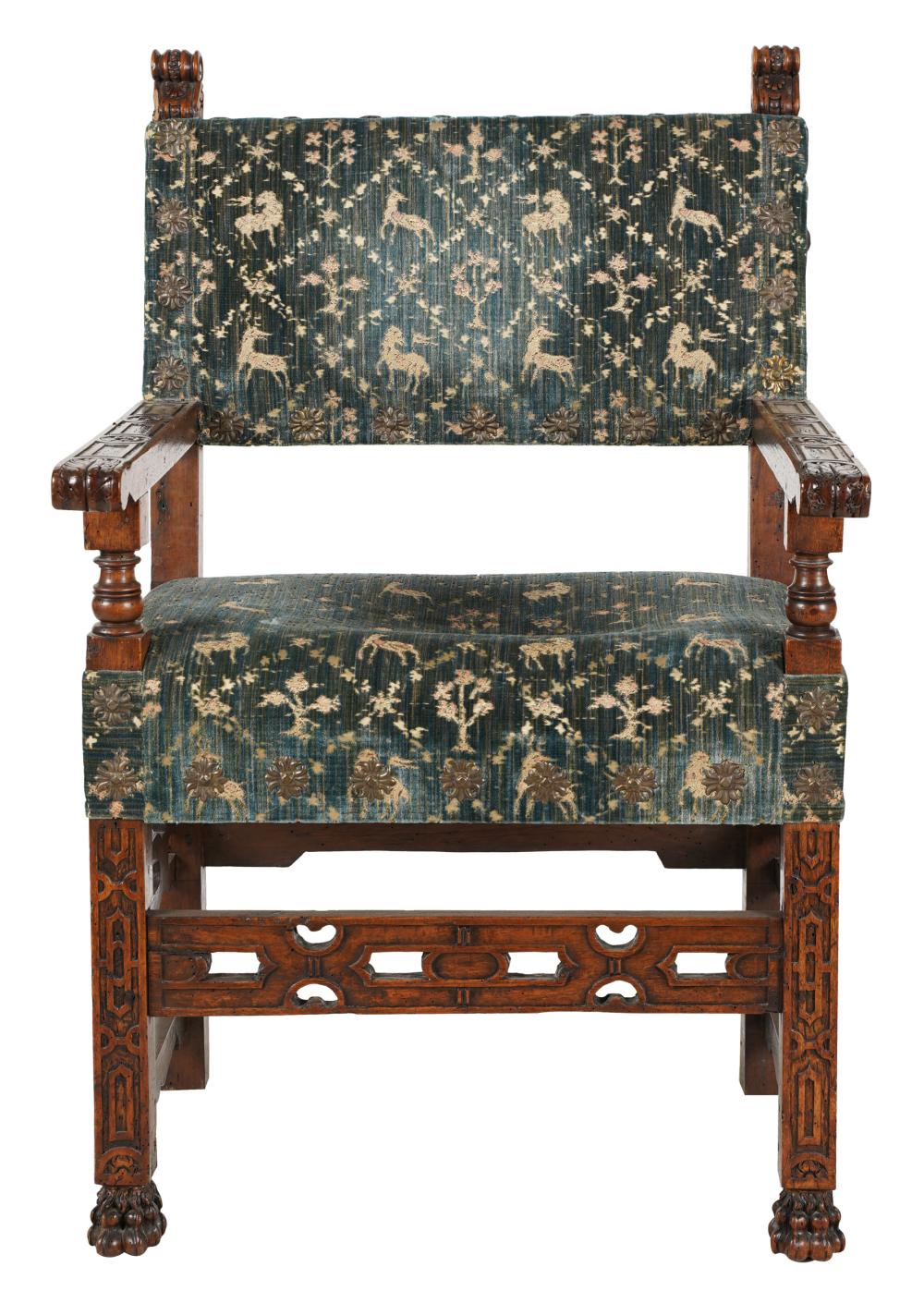 SPANISH REVIVAL CARVED WALNUT ARMCHAIRcovered