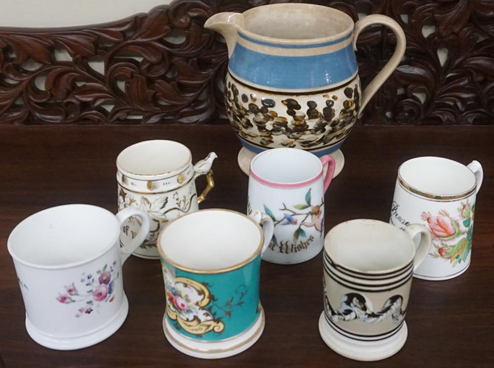 TWO MOCHA WARE PITCHER AND SIX ASSORTED