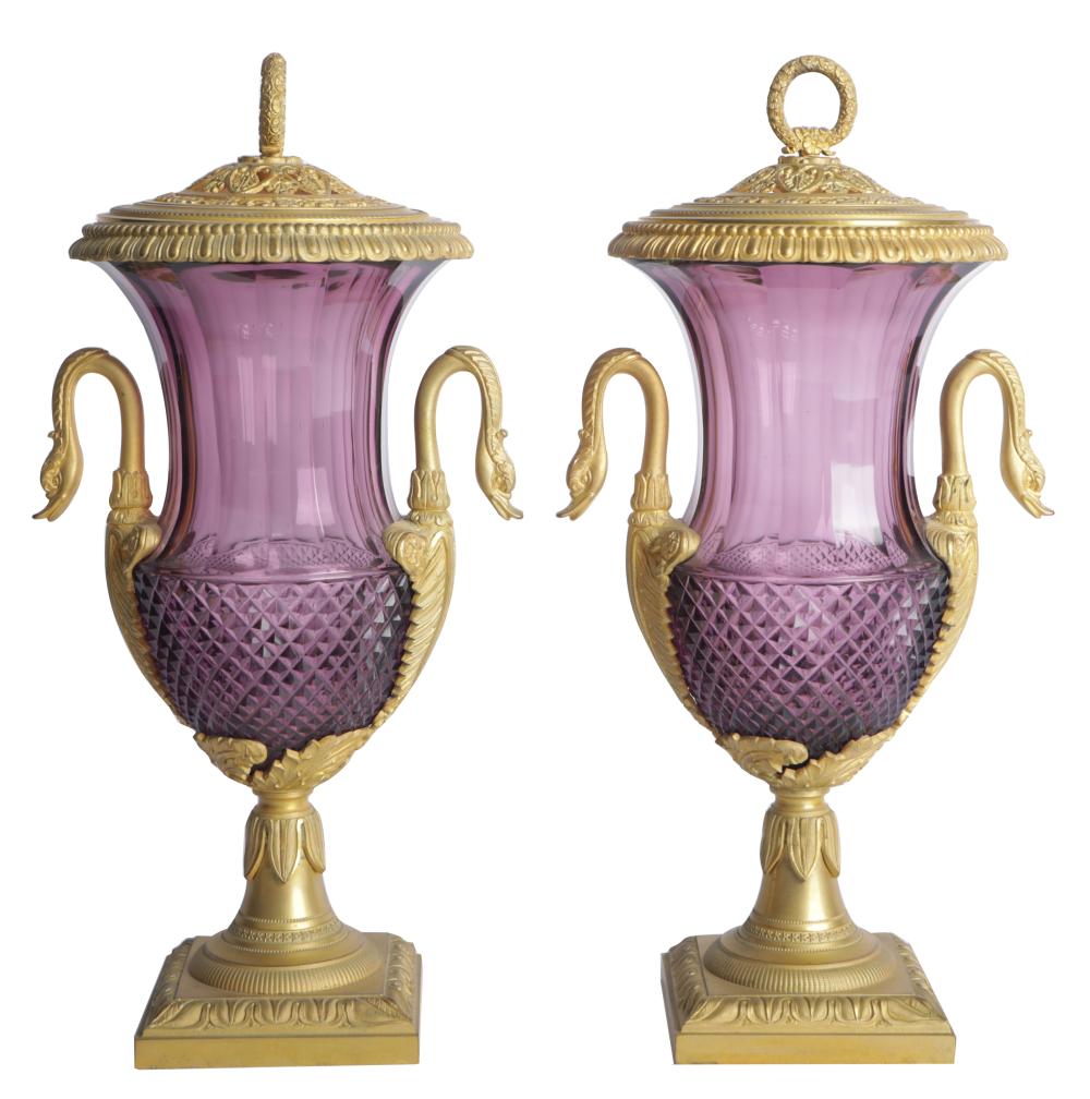 PAIR OF AMETHYST CUT GLASS URNSwith 330582