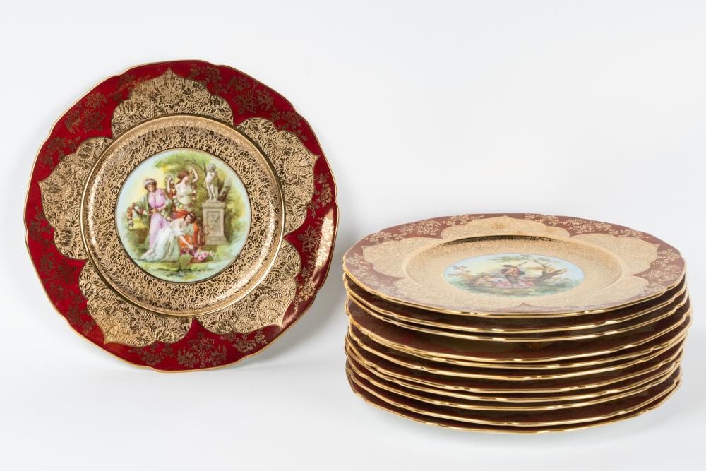 TWELVE LIMOGES PORCELAIN GILT OVERLAY