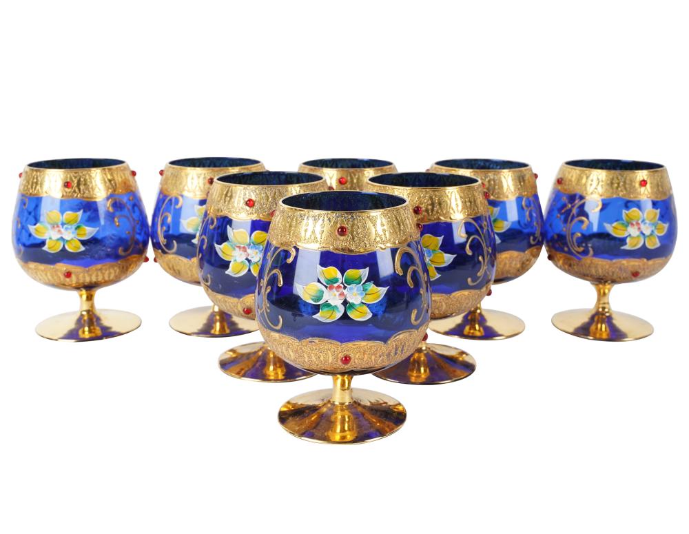 EIGHT GILT DECORATED COBALT GLASS