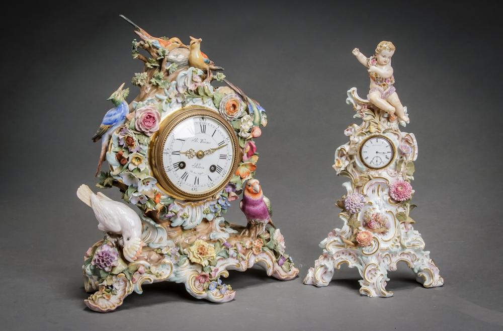 TWO MEISSEN FLORAL ENCRUSTED CLOCKS  33060a