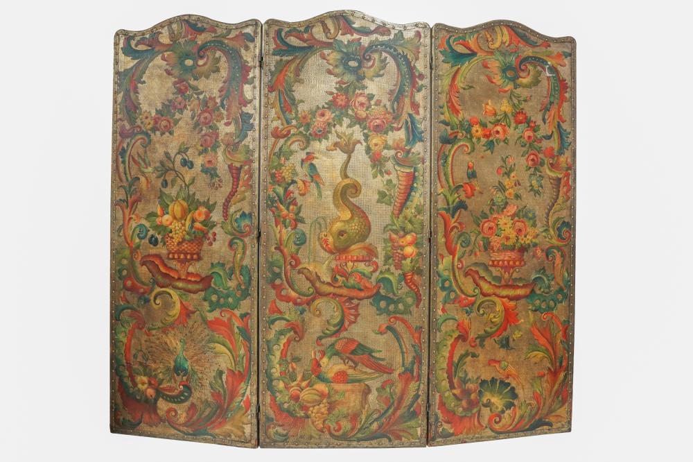 THREE-PANEL PAINTED LEATHER SCREENpolychrome-decorated