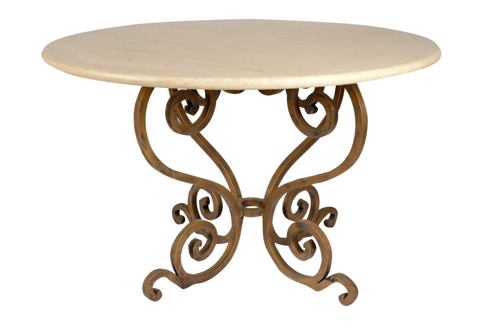 ROUND TRAVERTINE & IRON DINING TABLEProvenance: