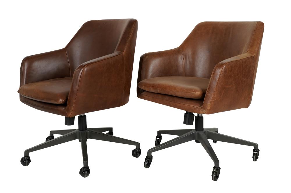 PAIR OF BROWN LEATHER ROLLING CHAIRSwith