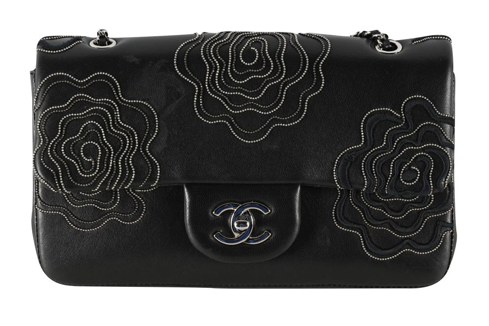 CHANEL BLACK BEADED CAMELIA HANDBAGcirca