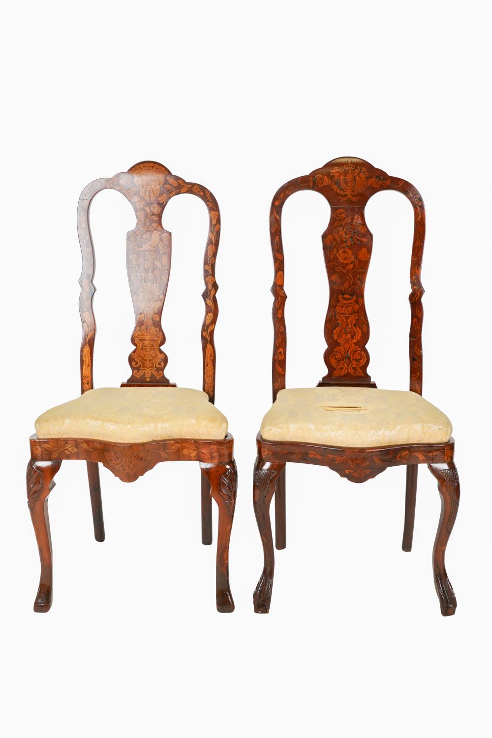 TWO DUTCH MARQUETRY SIDE CHAIRScovered