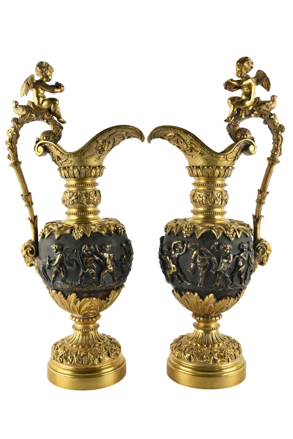 PAIR OF BRONZE & BRASS EWER GARNITURESeach