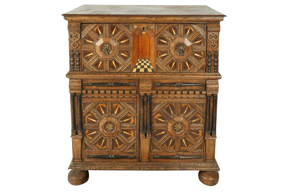 JACOBEAN CARVED & INLAID OAK CABINETin