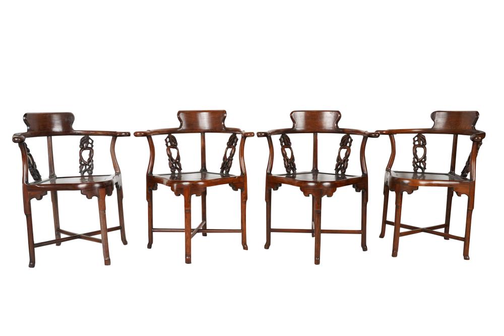 FOUR CHINESE HARDWOOD CORNER ARMCHAIRSwith