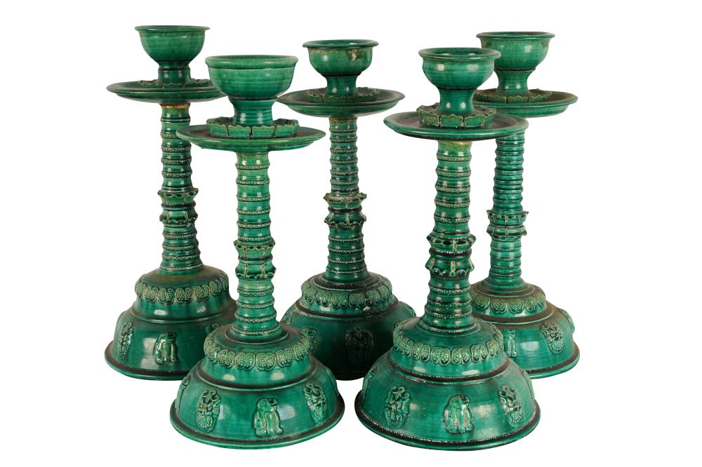 FIVE GREEN GLAZED CERAMIC CANDLESTICKSunmarked  333141