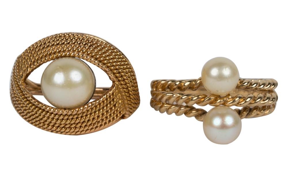 TWO YELLOW GOLD & PEARL RINGSthe