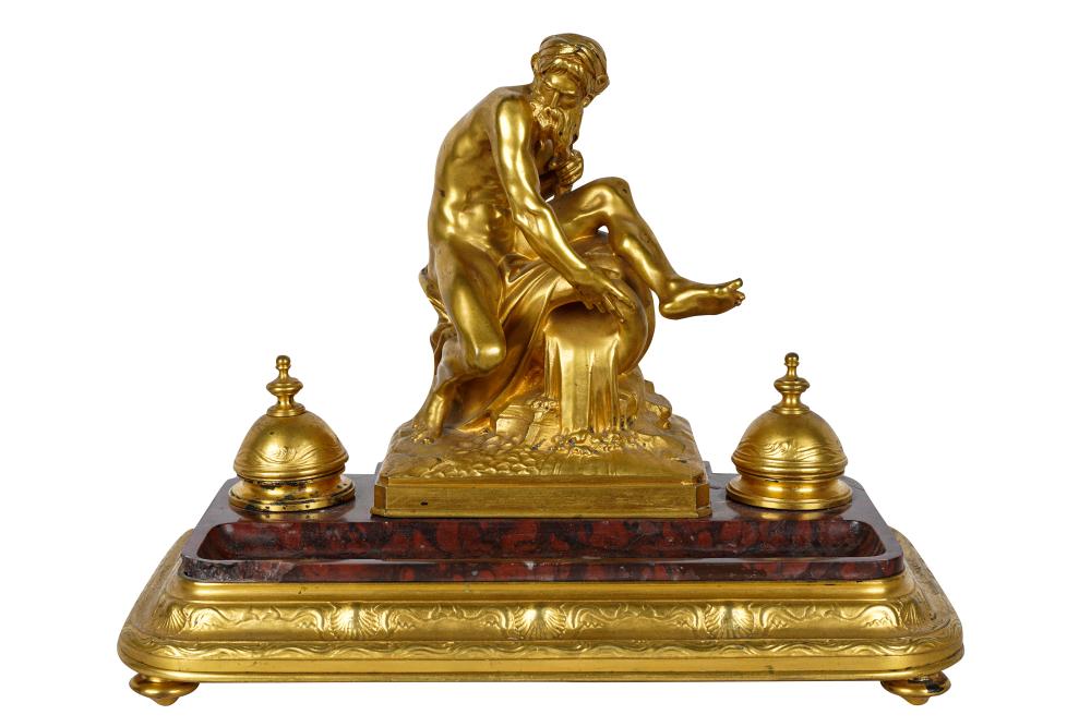 GILT BRONZE & ROUGE MARBLE INKWELLsigned