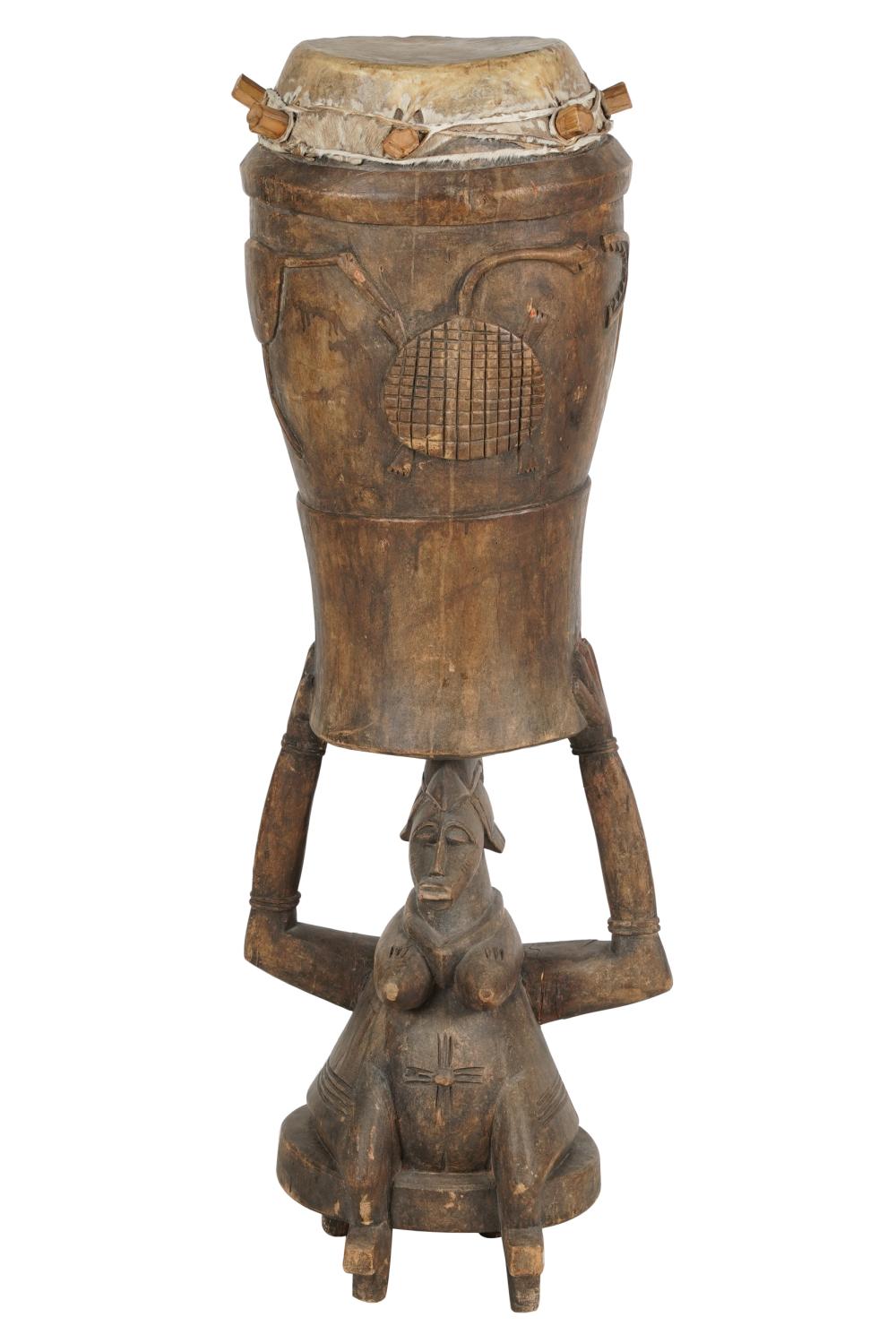 AFRICAN CARVED WOOD DRUMdepicting 333544