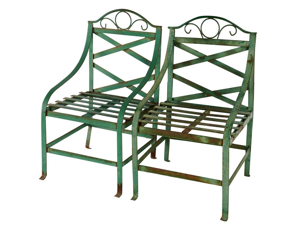 PAIR OF CHILD SIZED PATIO ARMCHAIRSgreen painted 3335c9