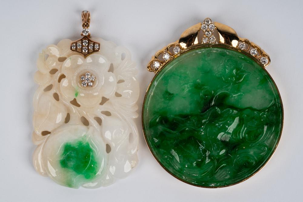 TWO 14 KARAT YELLOW GOLD, JADE,