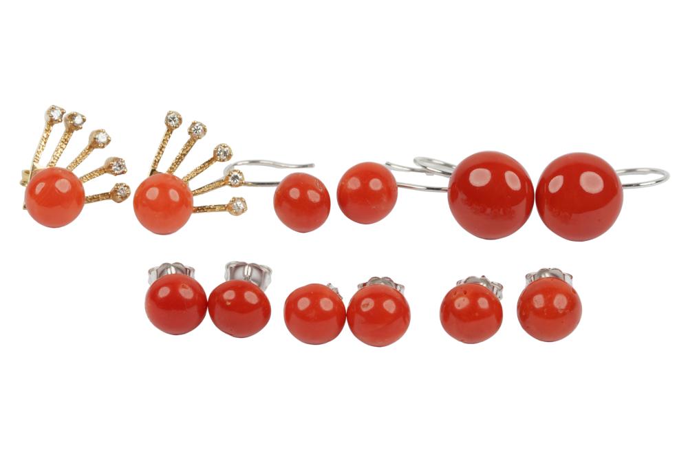 SIX PAIRS OF GOLD CORAL EARRINGSone 333615