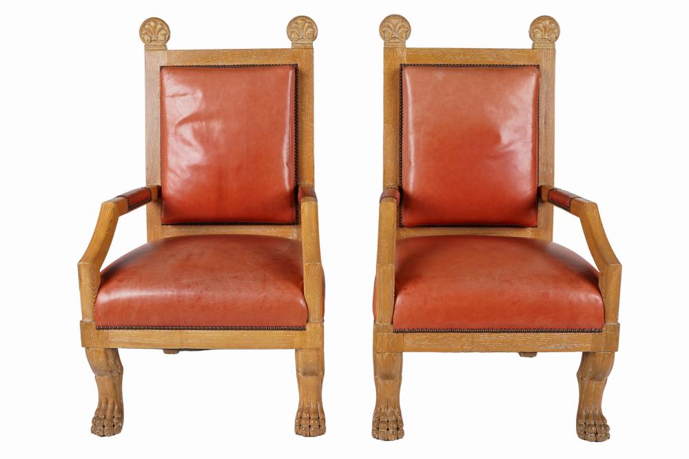 PAIR OF CARVED OAK RED LEATHER 33364f