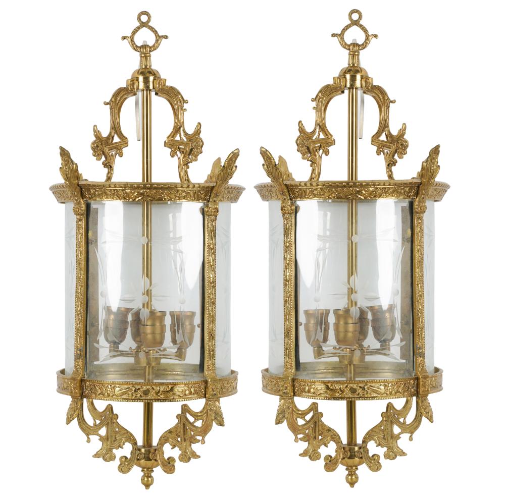 PAIR OF GILT METAL & ETCHED GLASS