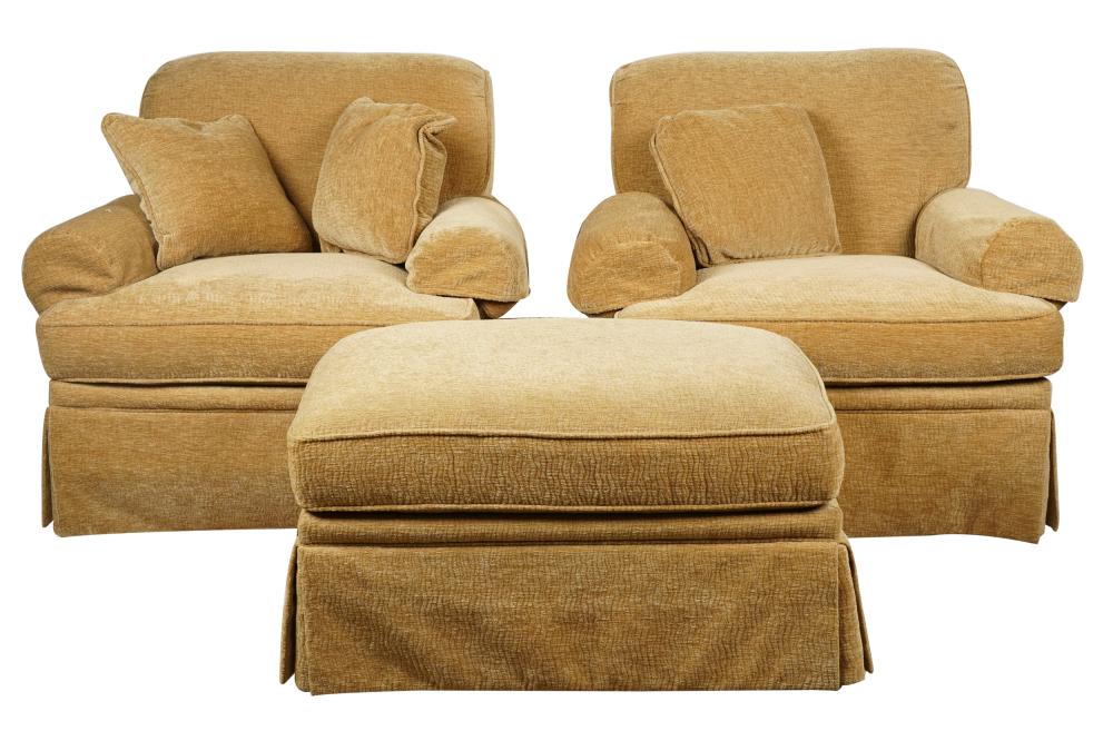 PAIR OF BEIGE CLUB CHAIRS & OTTOMANwith