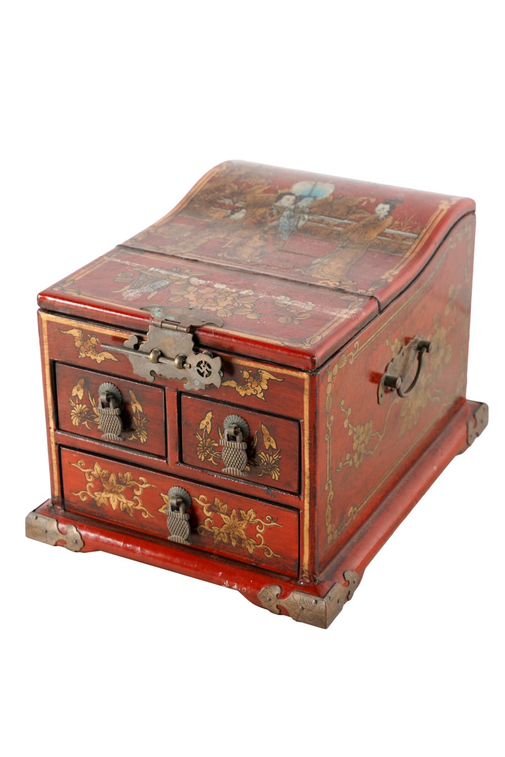 CHINESE RED LEATHER-CLAD JEWELRY BOXthe