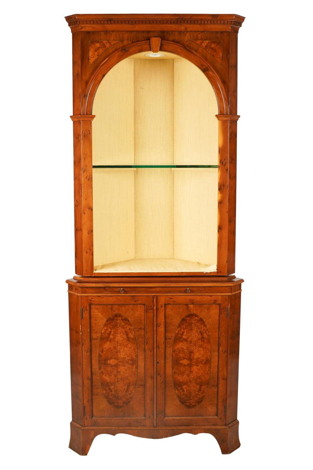 BURL INLAID CORNER CABINET20th 333837