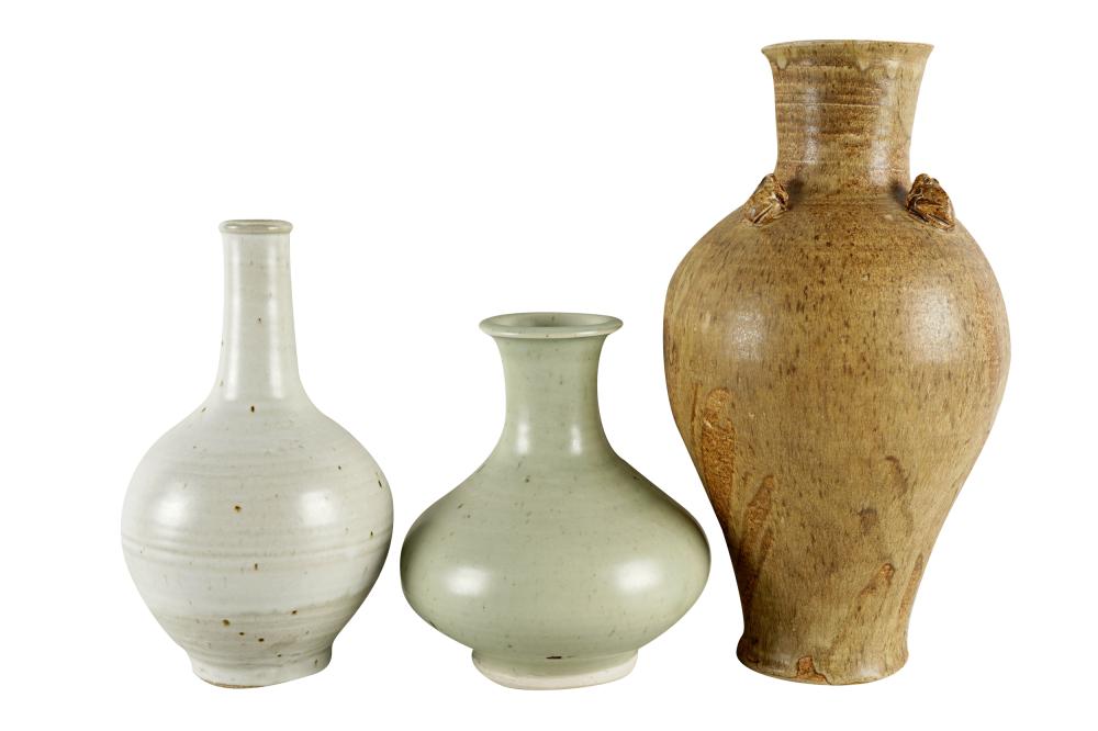 THREE GLAZED POTTERY VASESone with 3339b7