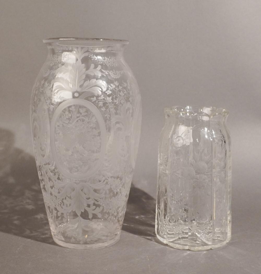 TWO ETCHED AND MOLDED GLASS VASES  333ab7