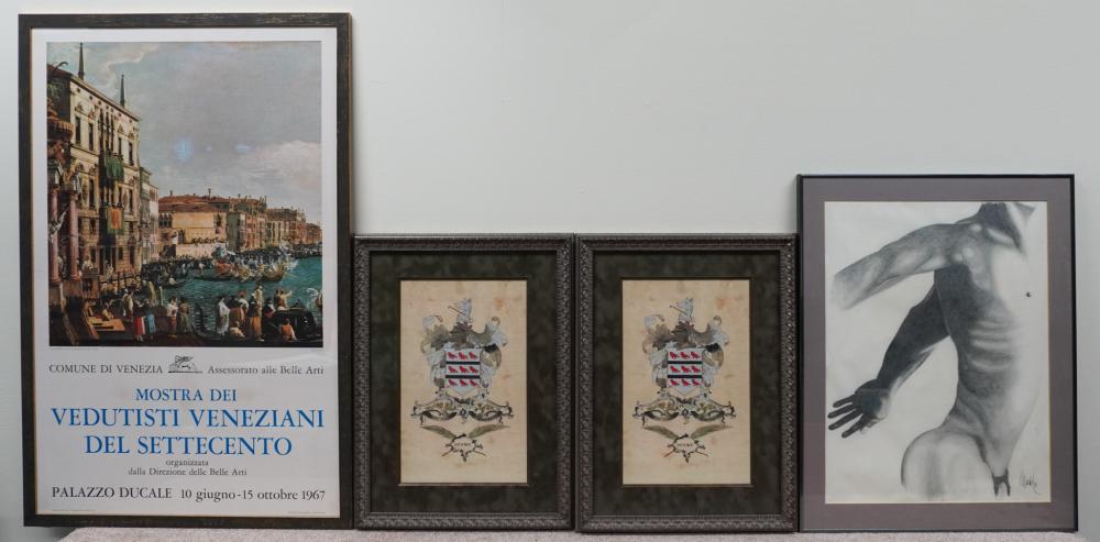 FOUR ASSORTED FRAMED WORKS OF ART,