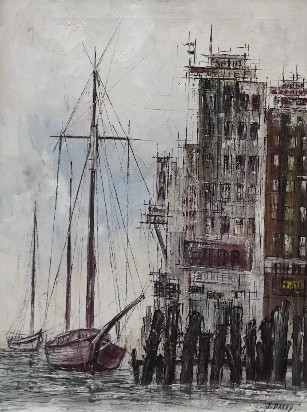 J. BARRY, SHIPS BY CITYSCAPE, OIL