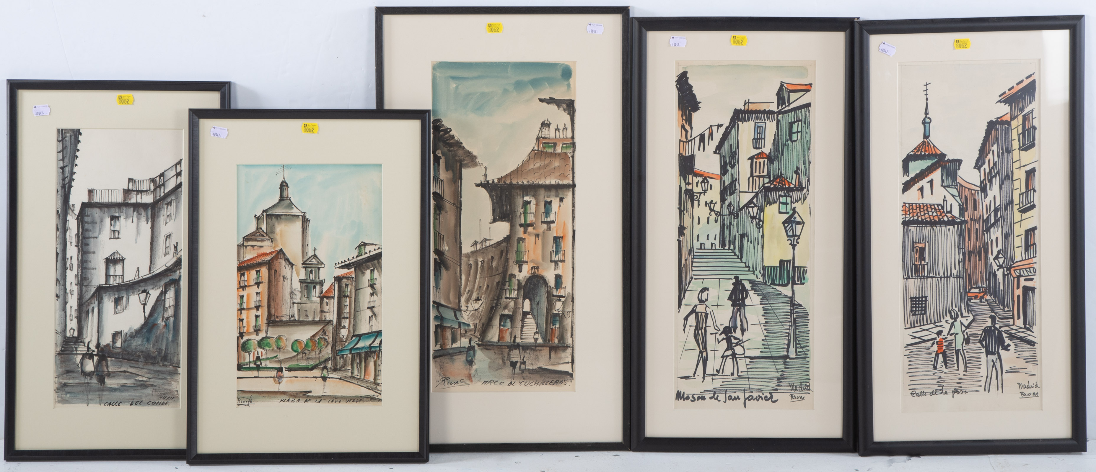 FIVE FRAMED MIXED MEDIA DRAWINGS OF