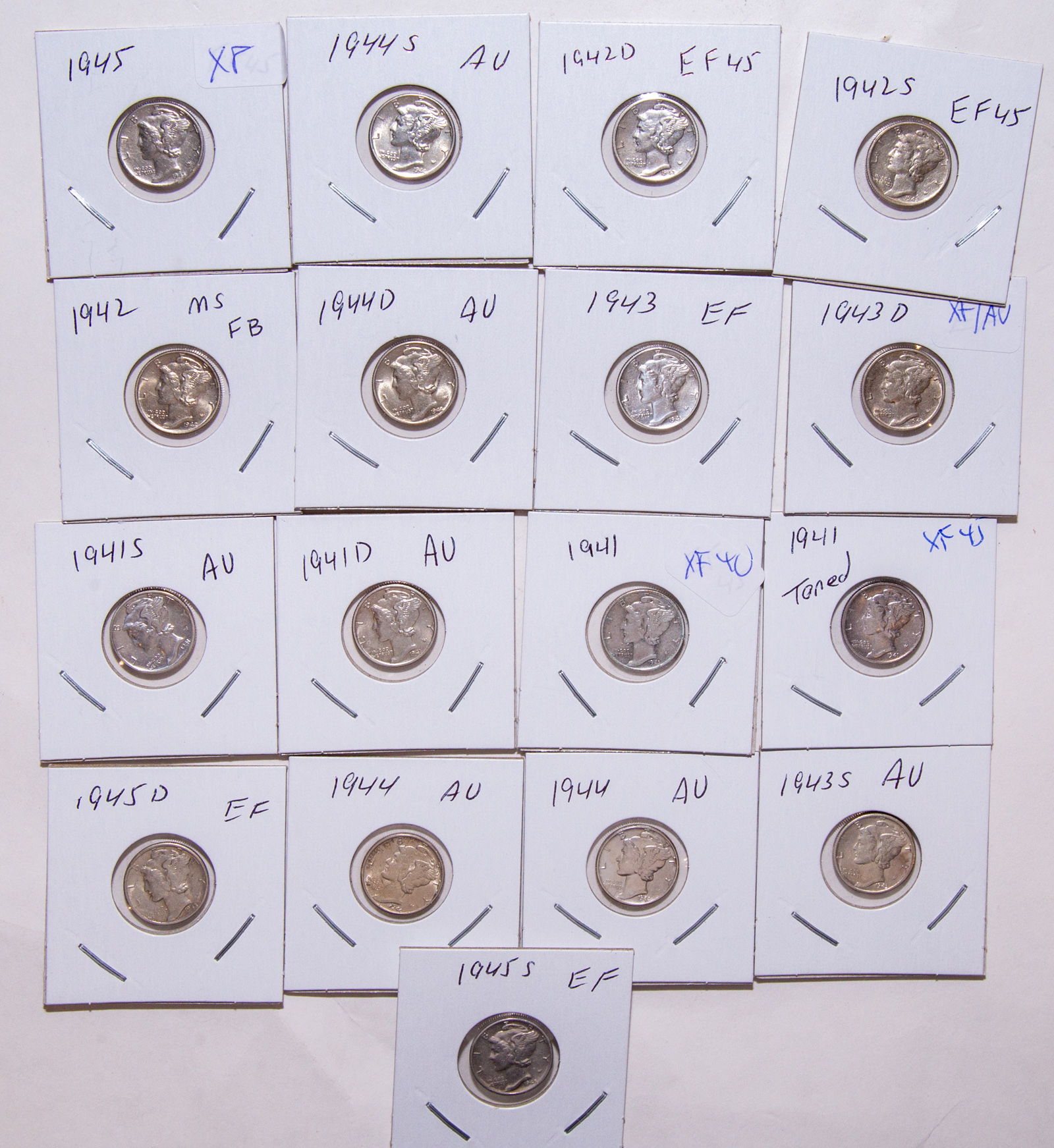 17 HIGHER GRADE MERCURY DIMES 2-1941XF,