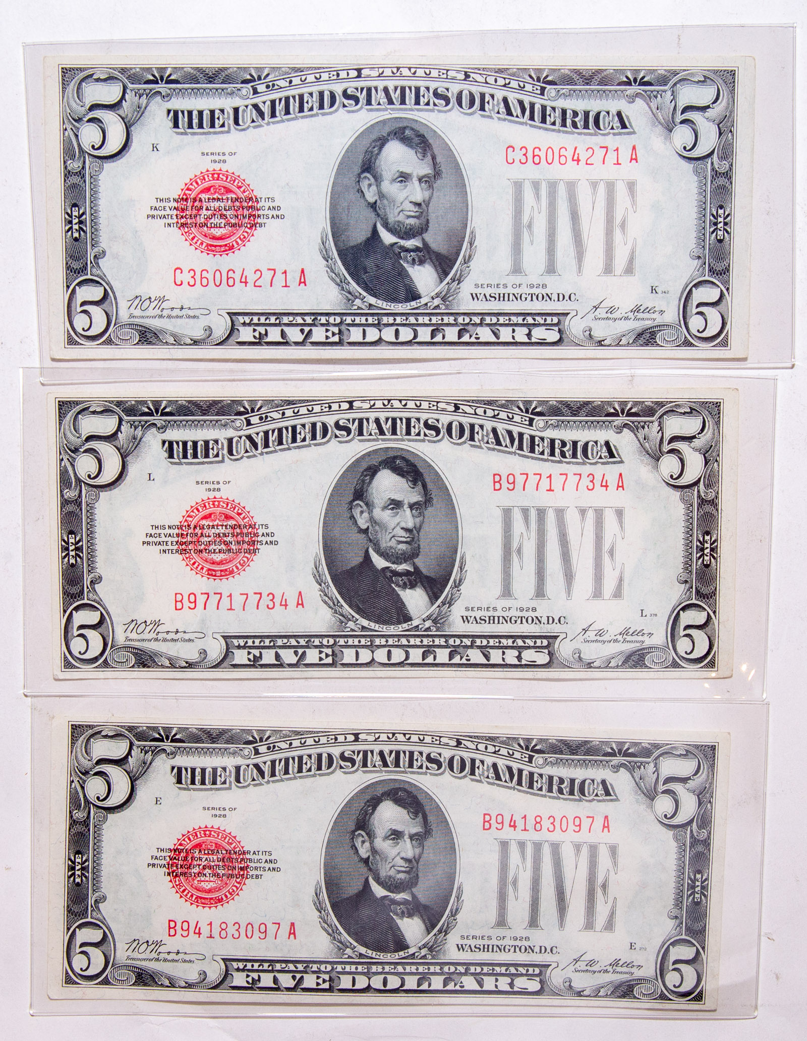 THREE 1928 $5 US NOTES FR1525 CU+