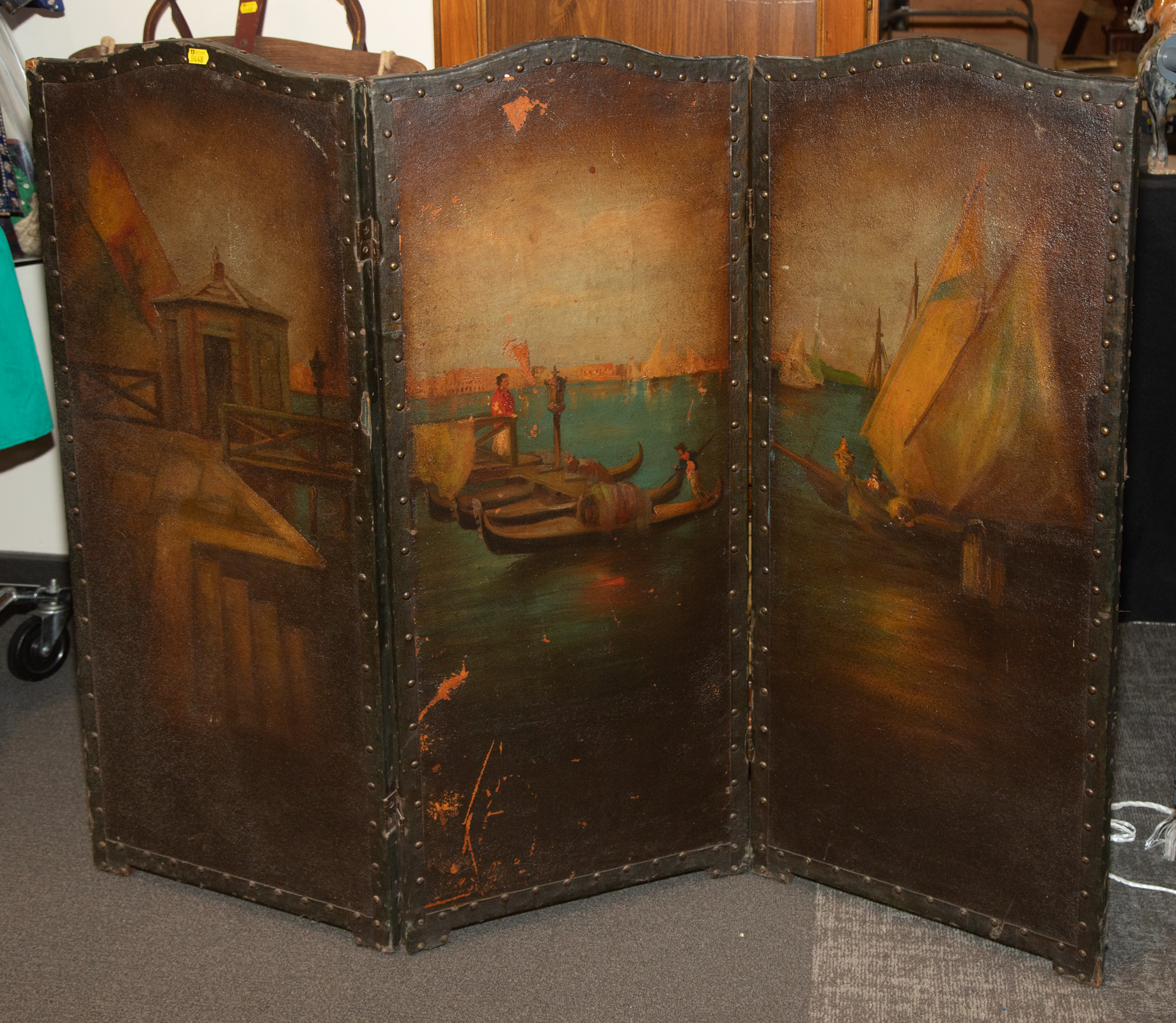 PAINTED LEATHER SCREEN WITH VENETIAN