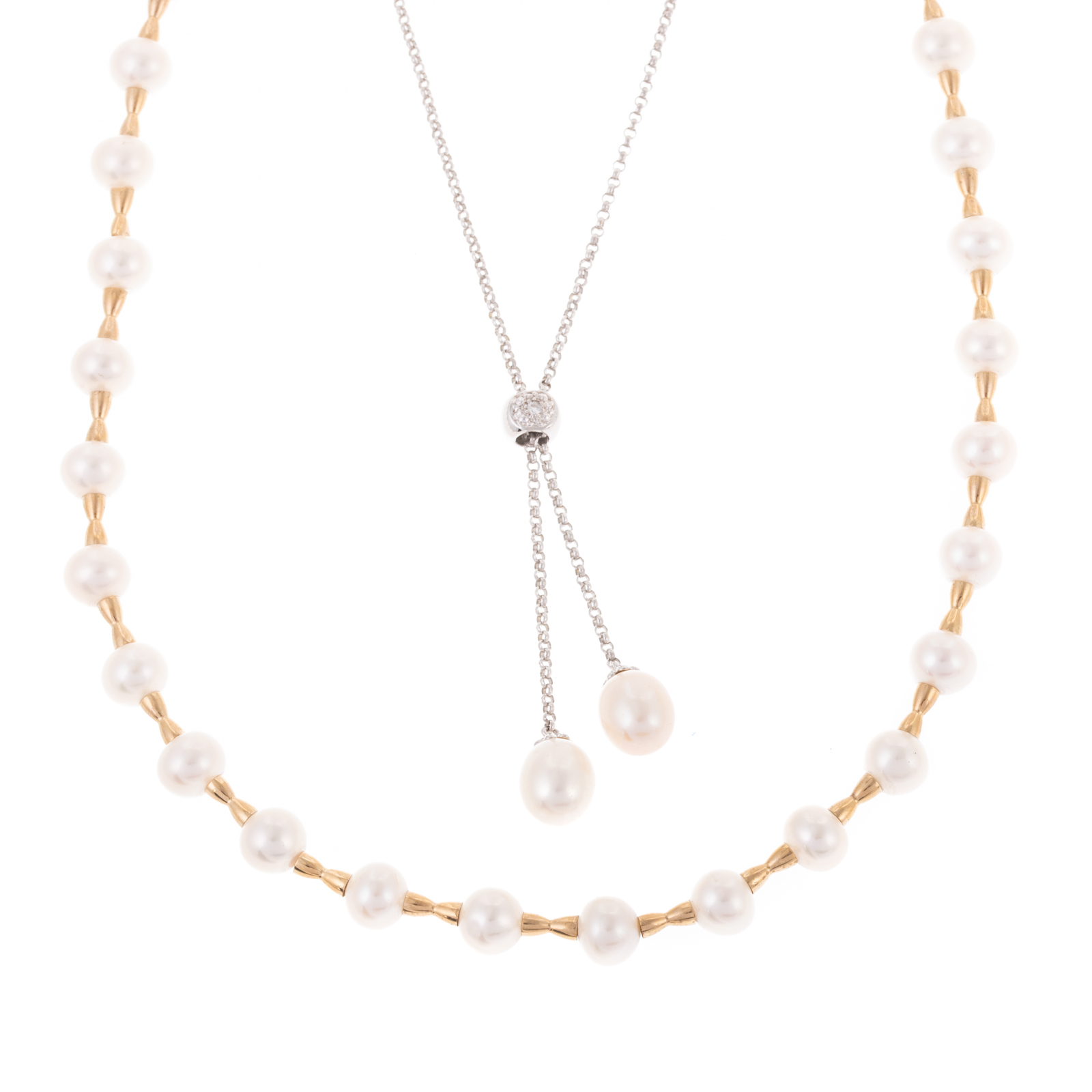 A PAIR OF 14K GOLD PEARL NECKLACES