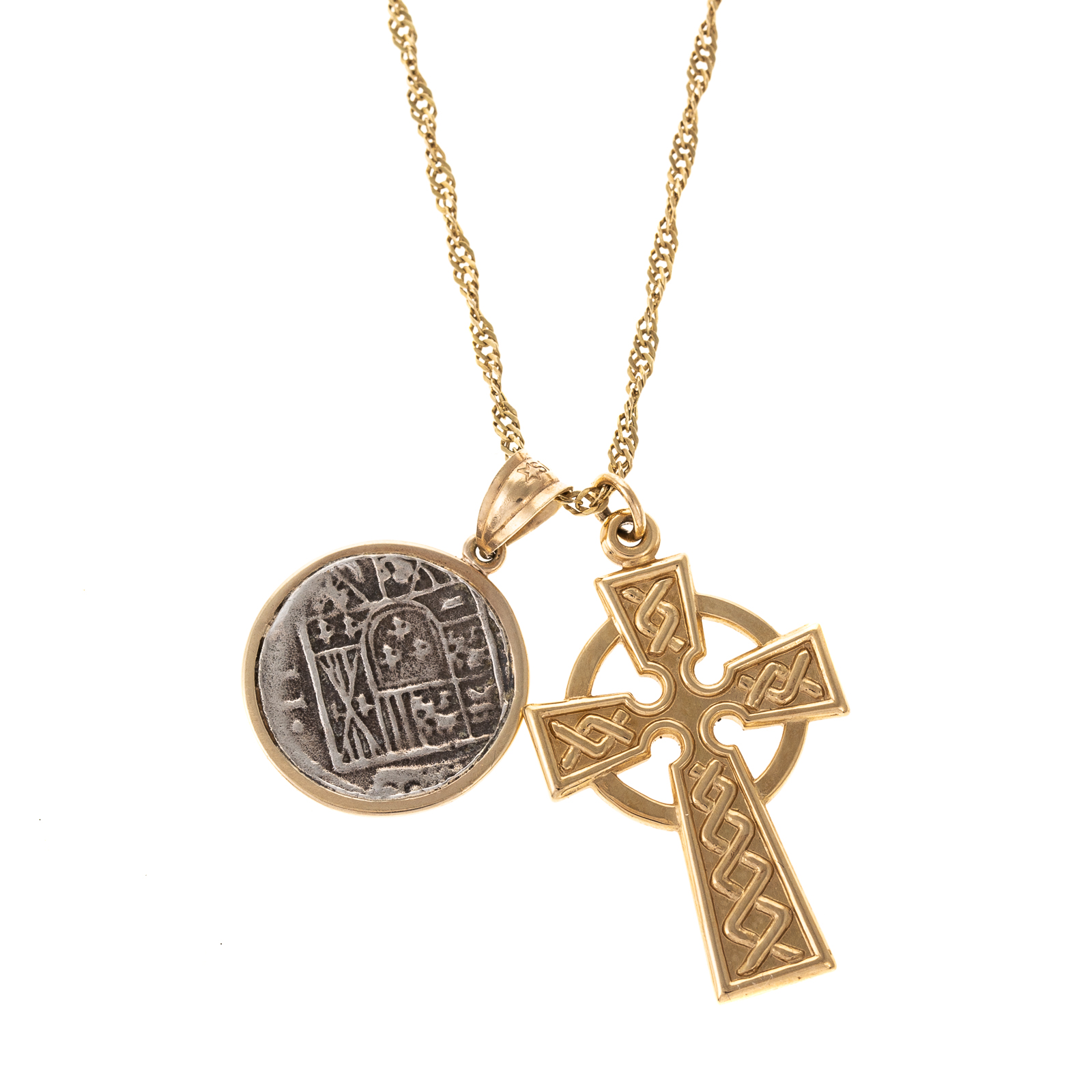 A 14K CROSS PENDANT & COIN PENDANT