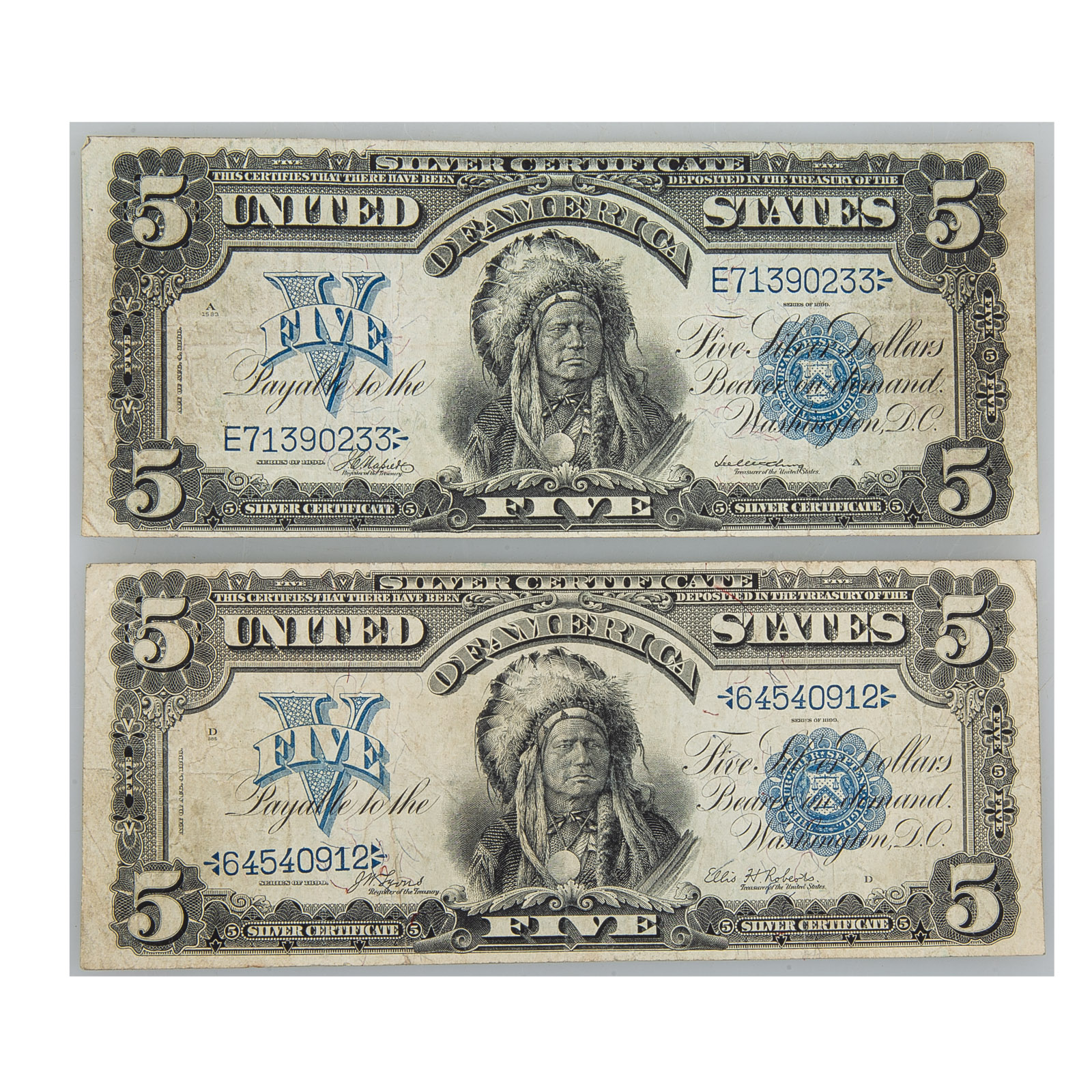 A PAIR OF VF 1899 $5 SILVER CERTIFICATE